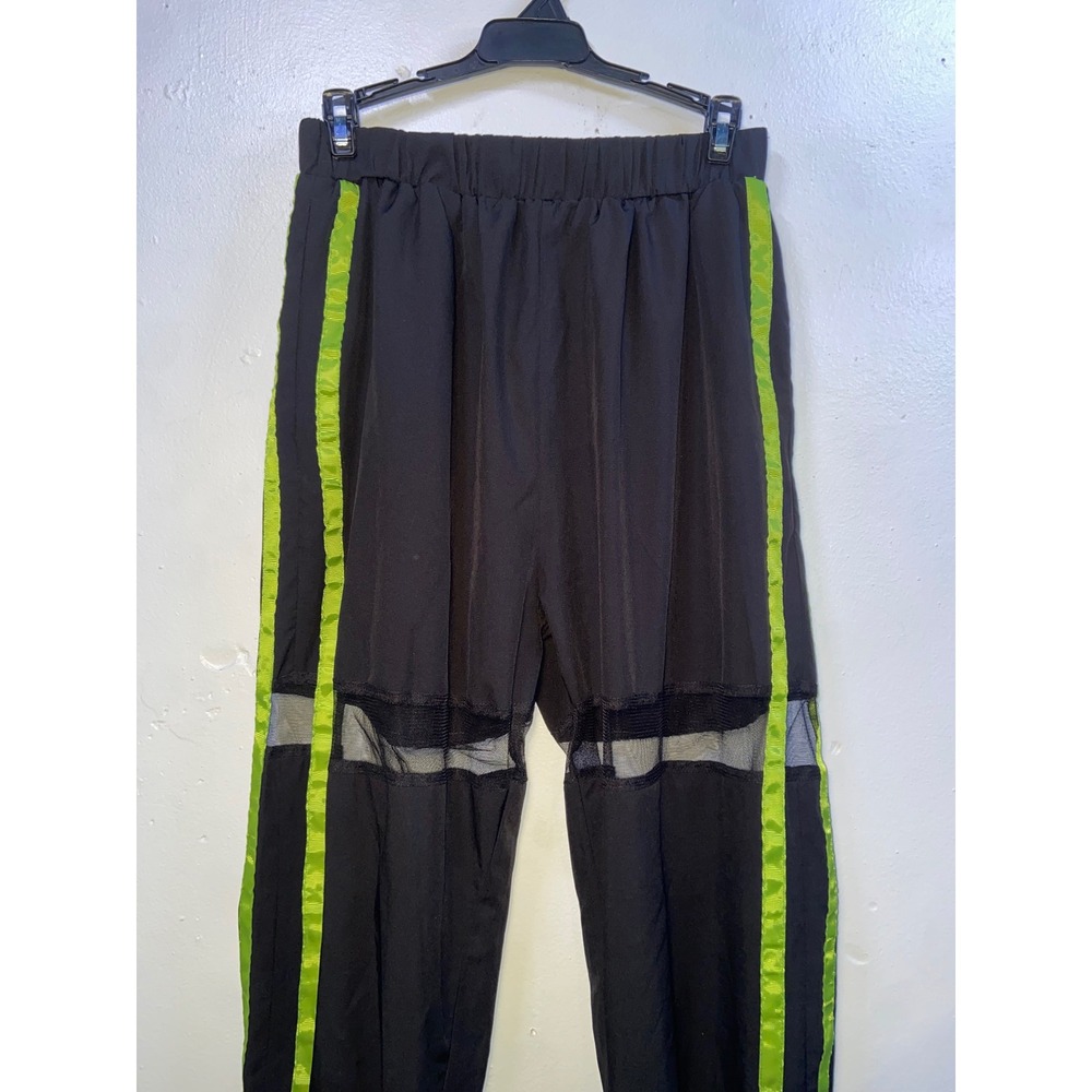 Black Neon Green Stripe Mesh Panel Jogger Pants Streetwear Grunge Sporty Biker